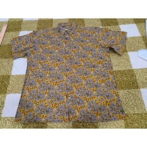 Yiume Mens XL Floral Leaf Print Button Down Shirt Mustard Yellow 100% Cotton